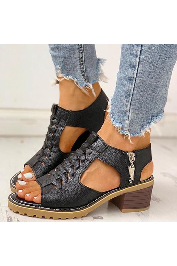Womens Chunky High Heel Fish Mouth Gladiator Sandals Back Zipper Fashion Comfort Cutout Open Toe Non-slip Rome High Heels Sandals for Summer Beach