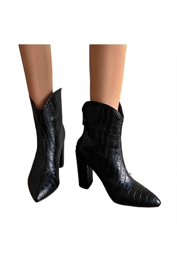 Womens Chunky High Heel Leather Cowboy Boots Pointed Toe Fashion Stone Pattern Slip On Fall Booties with Back Zipper Black Size 6.5