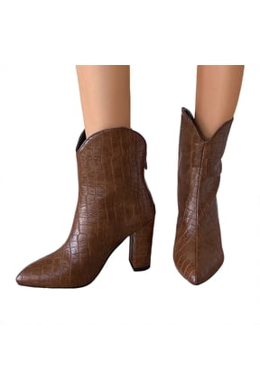 Womens Chunky High Heel Leather Cowboy Boots Pointed Toe Fashion Stone Pattern Slip On Fall Booties with Back Zipper Brown Size 6