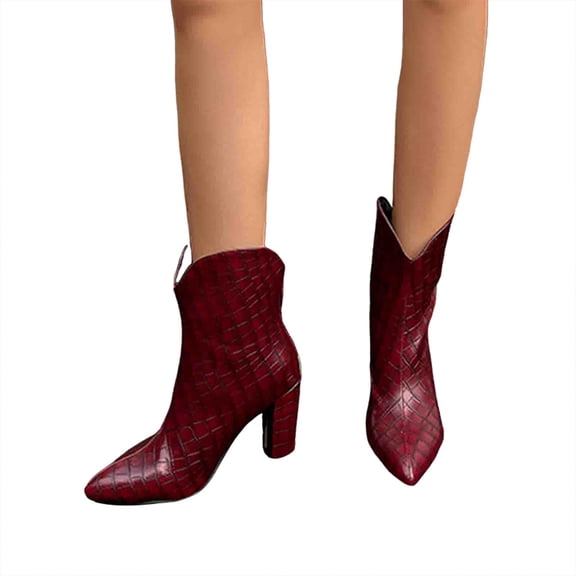 Womens Chunky High Heel Leather Cowboy Boots Pointed Toe Fashion Stone Pattern Slip On Fall Booties with Back Zipper Red Size 6.5