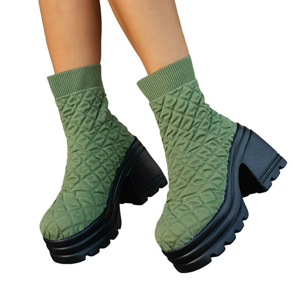 Womens Chunky High Heel Platform Mid Calf Boots Thick Sole Breathable Elastic Wide Toe Box Ankle Chelsea Booties Green Size 6