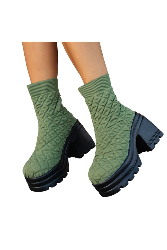 Womens Chunky High Heel Platform Mid Calf Boots Thick Sole Breathable Elastic Wide Toe Box Ankle Chelsea Booties Green Size 8.5