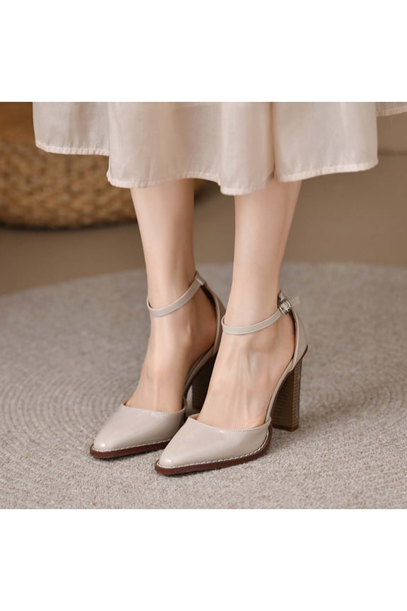 Womens Chunky High Heel Pointed Toe Pumps Casual Ankle Strap Closed Toe Block Shoes