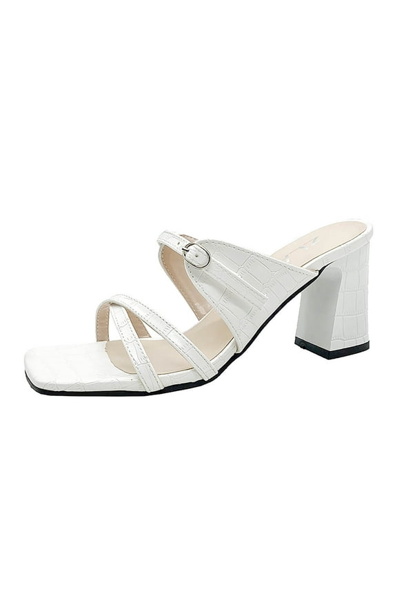 Womens Chunky High Heels Mules Heeled Sandals Fashion Crocodile Pattern Square Open Toe Slip On Dress Slides Slippers