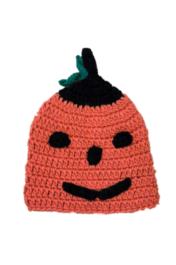 Womens Chunky Knit Pumpkin Beanie Orange & Black Jackolantern Halloween Hat