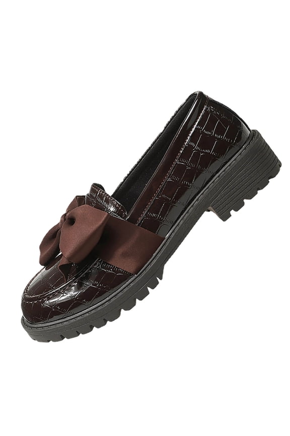 Womens Chunky Loafers with Bow - Crocodile Embossed Platform Slip On Shoes for Women, Casual Coffee Brown Retro Everyday Comfort,Size 8.5