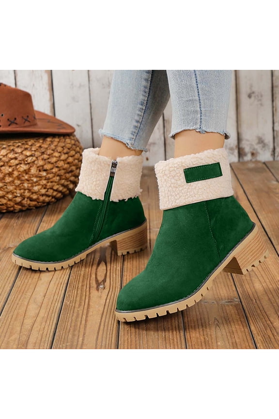 Womens Low Heel Ankle Boots Suede Mid Calf Boots Retro Heel Side Zipper Booties For Casual Outfit Ankle Boots Winter Warm Green, 8.5