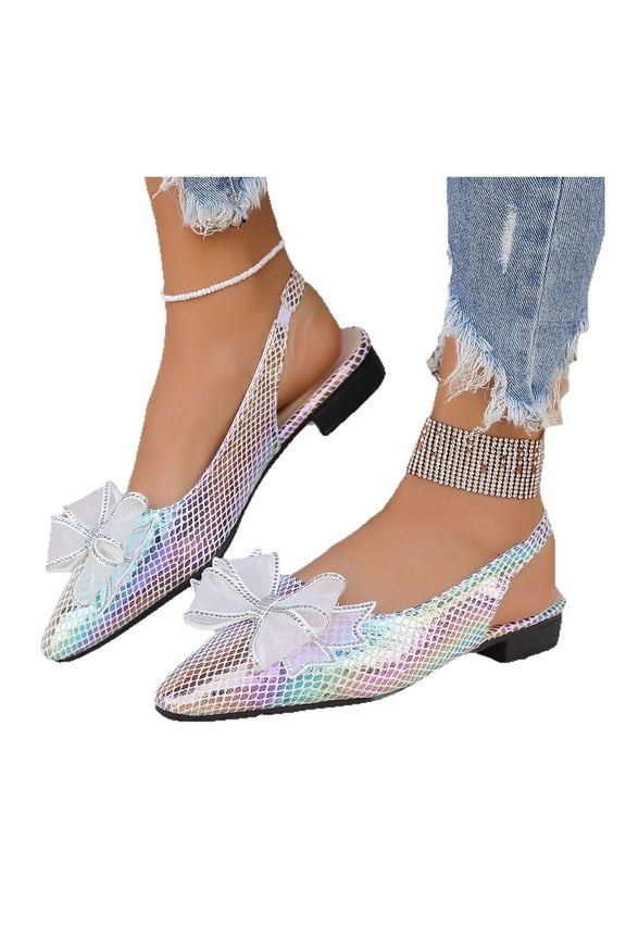 Womens Chunky Low Heels Slingback Bow Pumps Closed Toe Wedding Dress Shoes Women Fashionable Casual Summer Pointed Toe Shoe Rhinestone Sandals