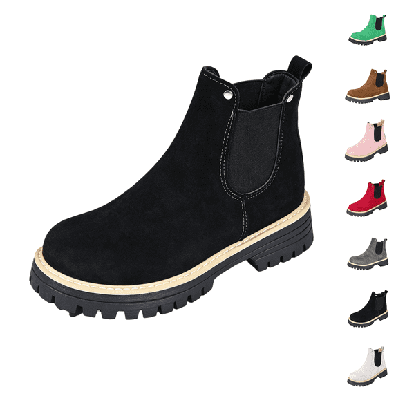 Womens Chunky Platform Chelsea Boot With Elastic Low Wedge Heel Slip On For Fall Work Suede Leather Classic Style Ankle Boots Women Black 41