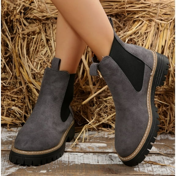 Womens Chunky Platform Chelsea Boot With Elastic Low Wedge Heel Slip On For Fall Work Suede Surface Classic Style Ankle Boots Women