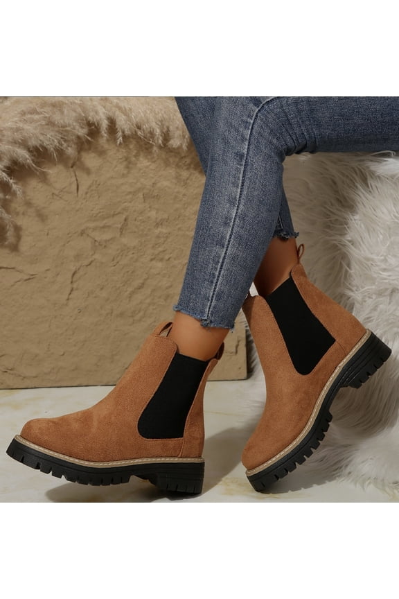 Womens Chunky Platform Chelsea Boot With Elastic Low Wedge Heel Slip On For Fall Work Suede Surface Classic Style Ankle Boots Women