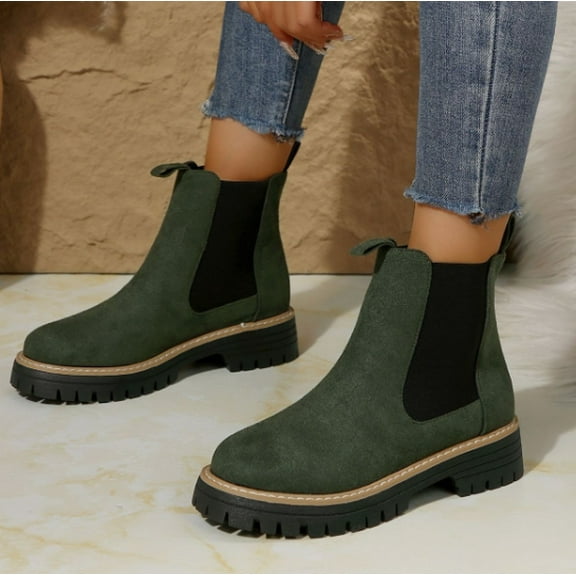 Womens Chunky Platform Chelsea Boot With Elastic Low Wedge Heel Slip On For Fall Work Suede Surface Classic Style Ankle Boots Women