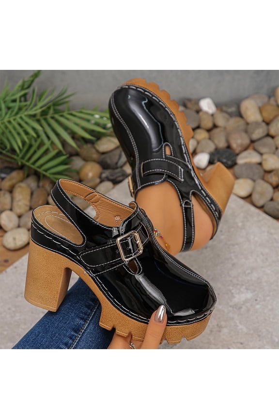 Womens Chunky Platform Clogs Mary Jane Shoes Adjustable Buckle Faux Faux Leather Non-Slip Outsole 3 Inch Block Heel Black,Size 43