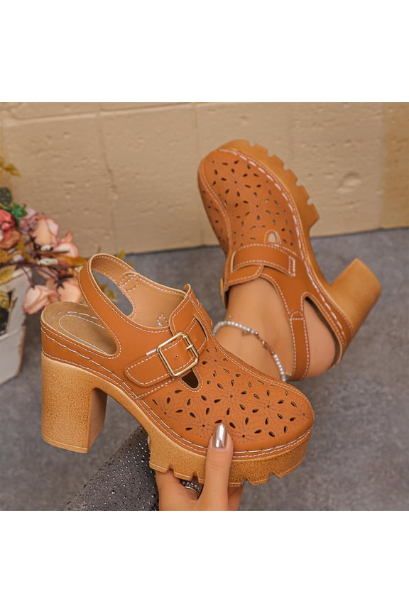 Womens Chunky Platform Clogs Perforated PU Faux Leather Retro Mules with Cushioned Insole Non-Slip Breathable Summer Shoes Brown Size 6-10,Size 36