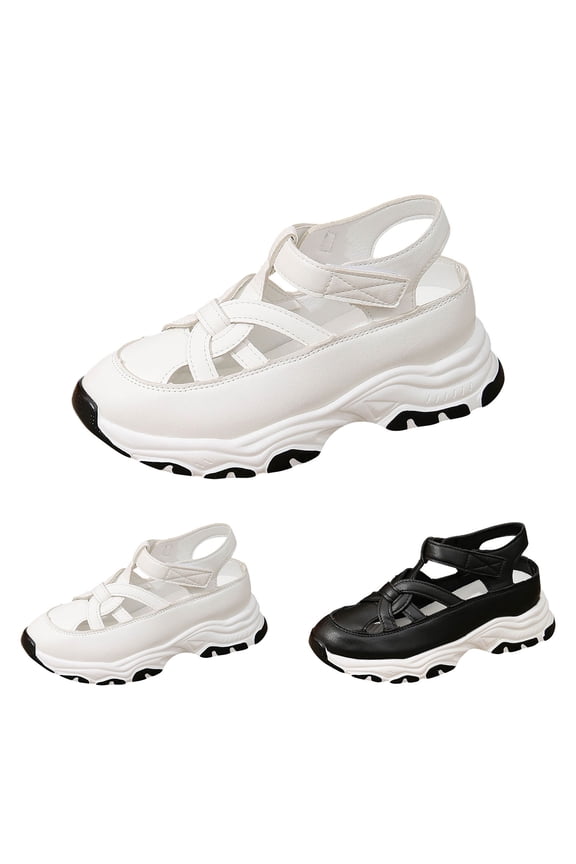 Womens Chunky Platform Closed toe Sandals - Cutout Adjustable Strap Sporty Wedge Sneaker Walking Shoes White 36