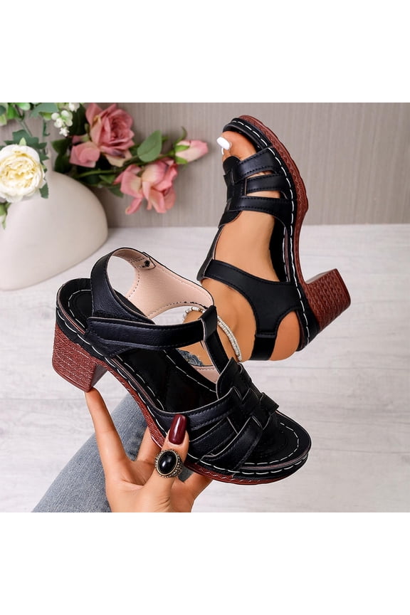 Womens Chunky Platform Heel Sandals PU Faux Leather T-Strap Ankle Strap Dress Shoes with Cushioned Insole Black,Size 36
