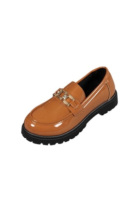 Womens Chunky Platform Loafers Patent Faux Leather Brown Slip On Gold Buckle Casual Dress Shoes,Size 5.5