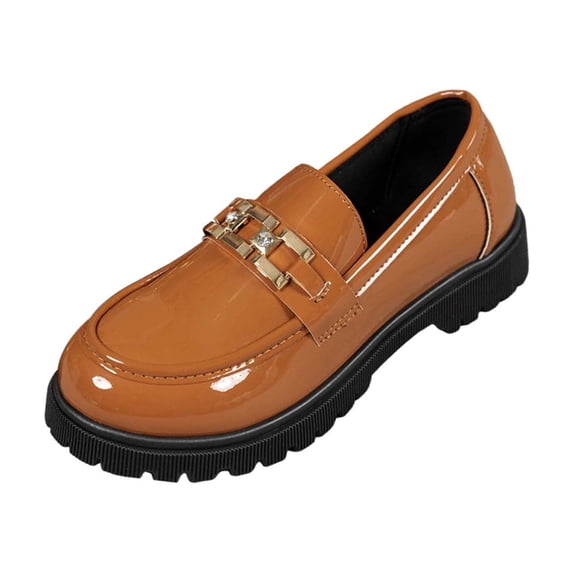 Womens Chunky Platform Loafers Patent Faux Leather Brown Slip On Gold Buckle Casual Dress Shoes,Size 6