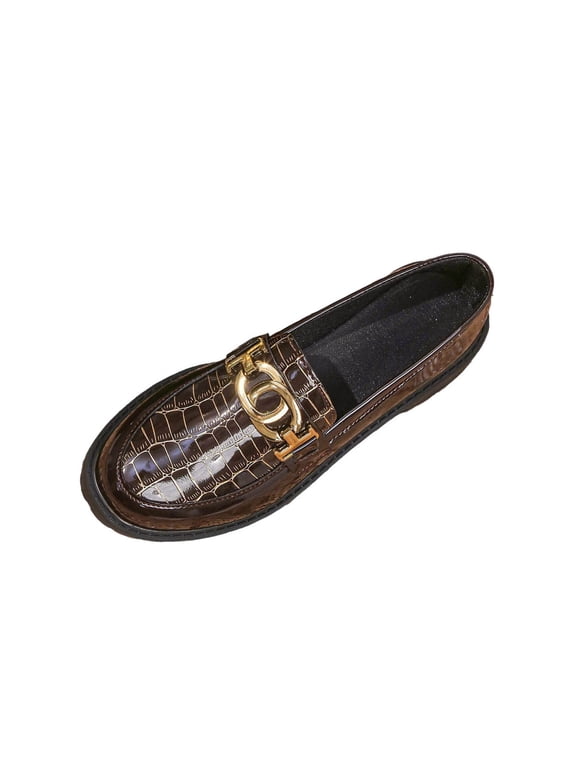 Womens Chunky Platform Loafers Slip On, Croc-Embossed Patent PU Casual Shoes with Buckle Detail, Comfort Business Casual Shoes Coffee,Size 5.5