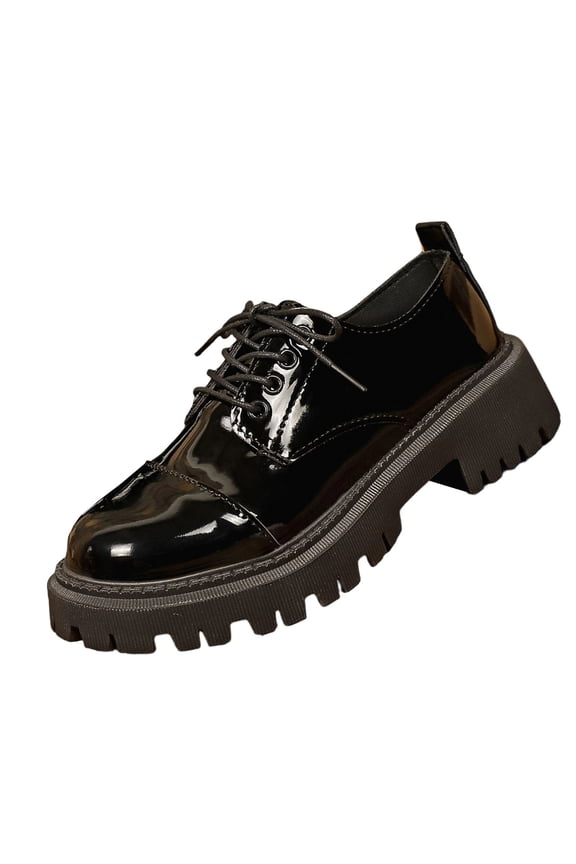 Womens Chunky Platform Sneakers - Black Patent Lace Up Shoes for Casual Everyday Wear,Size 7.5