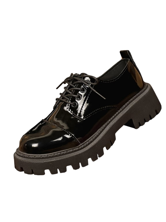 Womens Chunky Platform Sneakers - Black Patent Lace Up Shoes for Casual Everyday Wear,Size 9