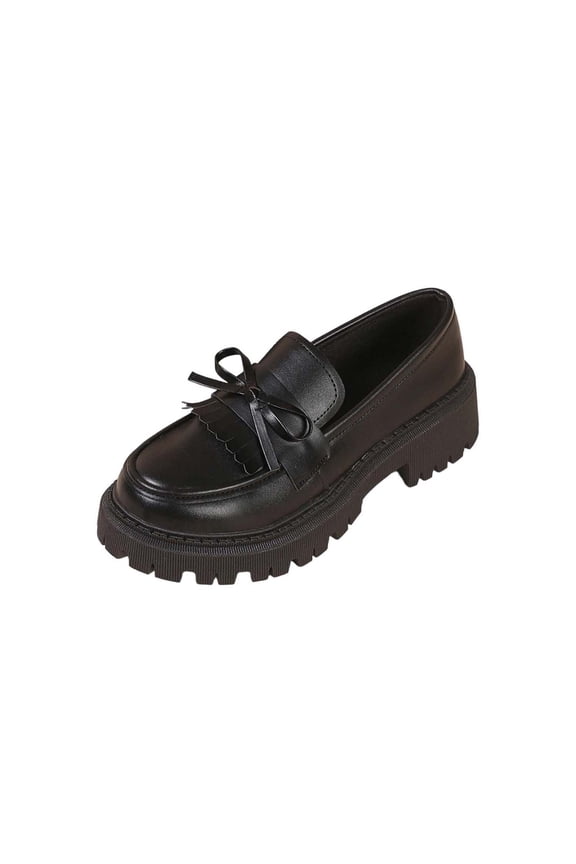 Womens Chunky Platform Tassel Loafers Slip On Lug Sole Vegan Faux Leather Black Casual Shoes,Size 5.5