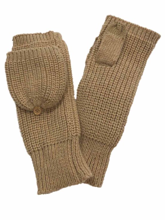 Womens Chunky Tan Knit Fingerless Flip Top Convertible Gloves Mittens Brown