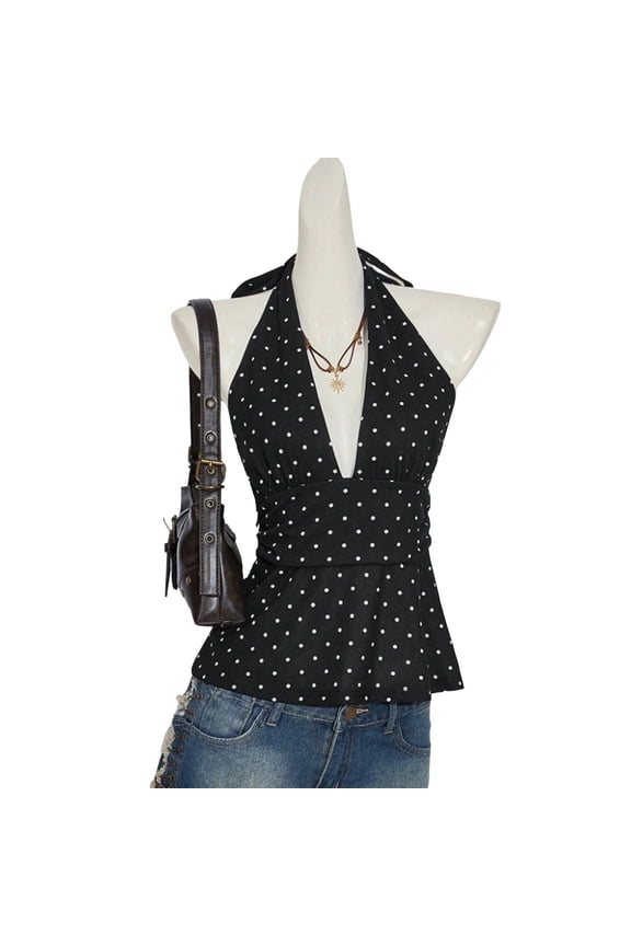 Womens Cinched Elastic Waist High Halter Neck Tie Open Back Bubble Tank Top Y2k Cute Slim Fit Backless Crop Tops(Black,L)