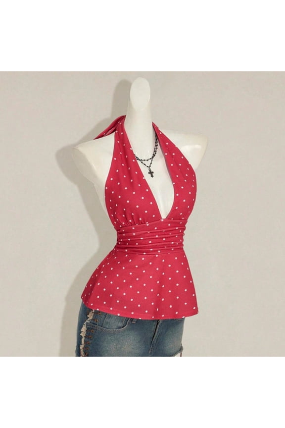 Womens Cinched Elastic Waist High Halter Neck Tie Open Back Bubble Tank Top Y2k Cute Slim Fit Backless Crop Tops(Red,S)