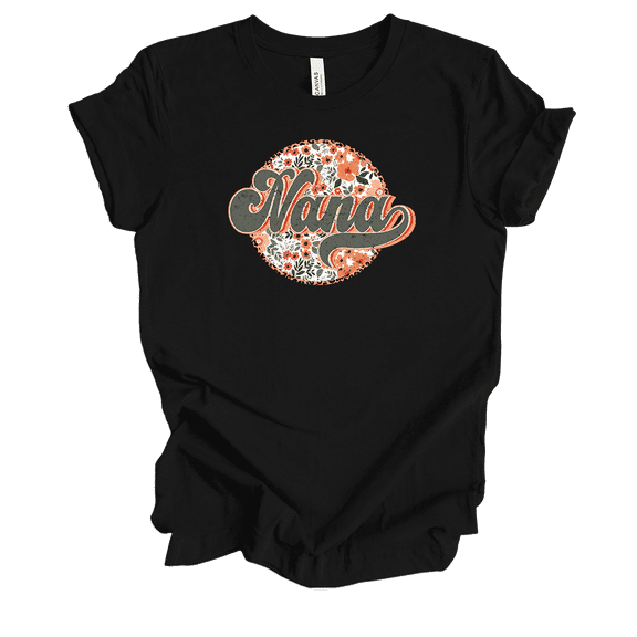 Womens Circle Groovy Floral Vintage Design Mother's Day Ladies Black Short Sleeve T-Shirt-Nana-Large