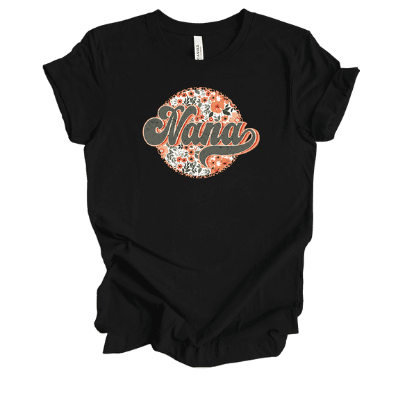Womens Circle Groovy Floral Vintage Design Mother's Day Ladies Black Short Sleeve T-Shirt-Nana-Large