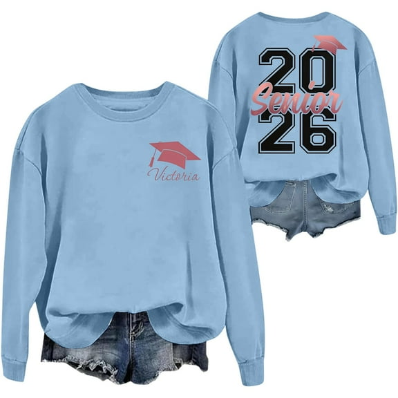 Womens Class of 2026 Sweatshirts Trendy Graduation Long Sleeve Crewneck Shirts Drop Shoulder Loose Fit Casual Pullover Tops