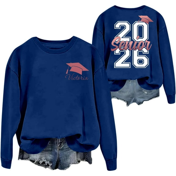Womens Class of 2026 Sweatshirts Trendy Graduation Long Sleeve Crewneck Shirts Drop Shoulder Loose Fit Casual Pullover Tops
