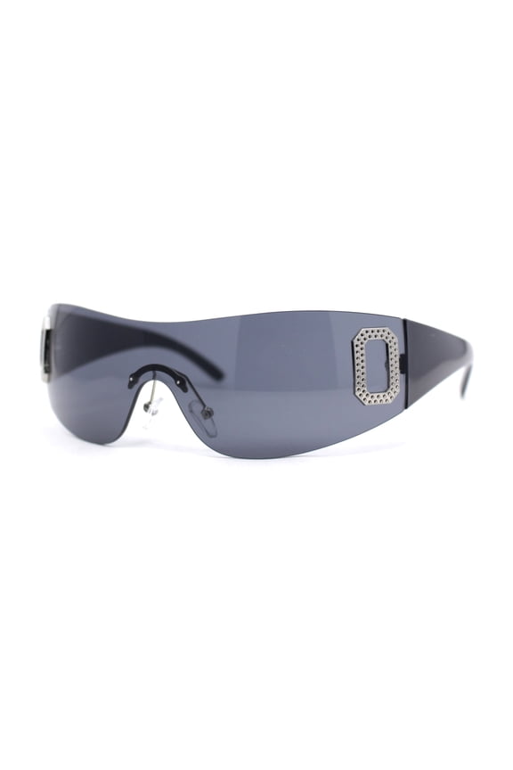 Womens Classic 90s Diva Rimless Shield Designer Fashion Sunglasses All Black