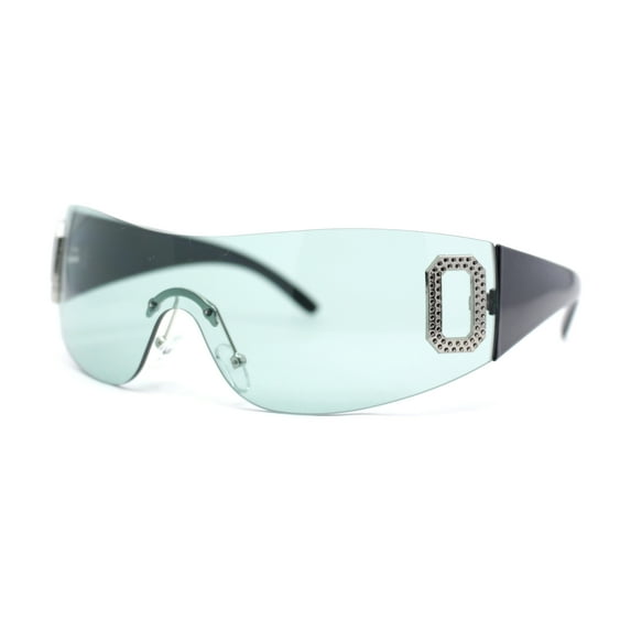 Womens Classic 90s Diva Rimless Shield Designer Fashion Sunglasses Black - Green