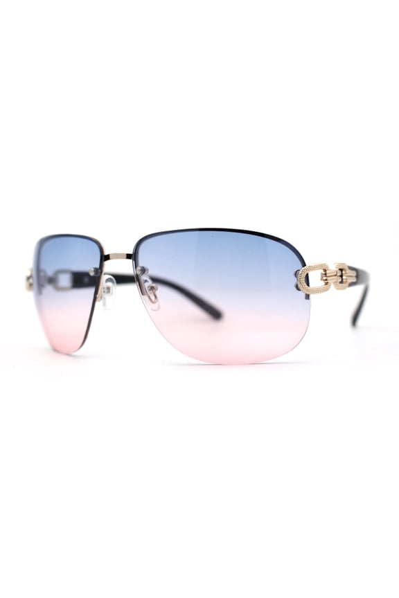Womens Classic 90s Rimless Jewel Chain Arm Round Wrap Sunglasses Gold Blue Pink