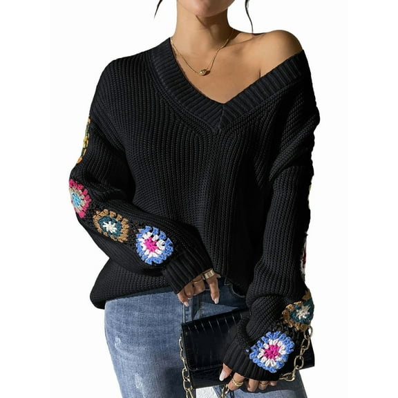 Womens Classic Boho Floral Crochet Long Sleeve Sweaters Casual Pullover Knitwear for Fall Winter 2025 Black L