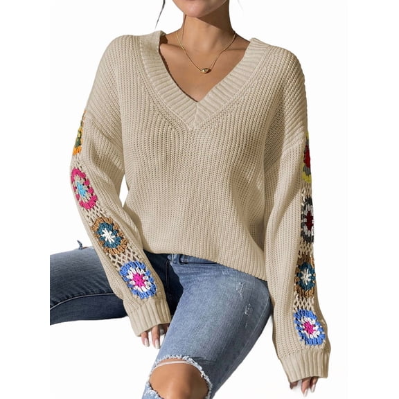 Womens Classic Boho Floral Crochet Long Sleeve Sweaters Casual Pullover Knitwear for Fall Winter 2025 Deep M