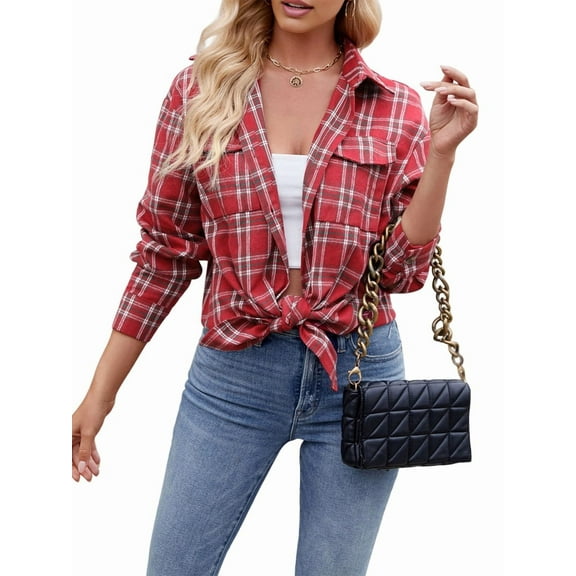 Womens Classic Button Down Plaid Flannel Shirts Long Sleeve Oversized Casual Business Blouse Tops