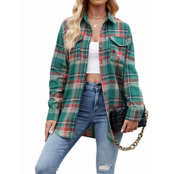 Womens Classic Button Down Plaid Flannel Shirts Long Sleeve Oversized Casual Business Blouse Tops