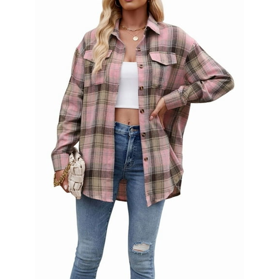 Womens Classic Button Down Plaid Flannel Shirts Long Sleeve Oversized Casual Business Blouse Tops