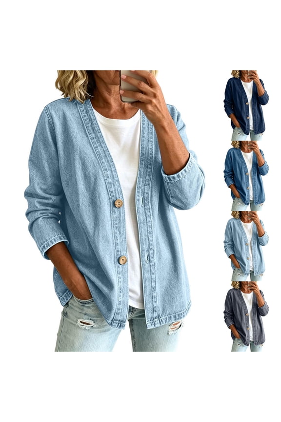 Womens Classic Button Front Breathable Stretch Denim Jacket Cardigan Coat Relaxed Fit Lightweight Casual Long Sleeve Shacket