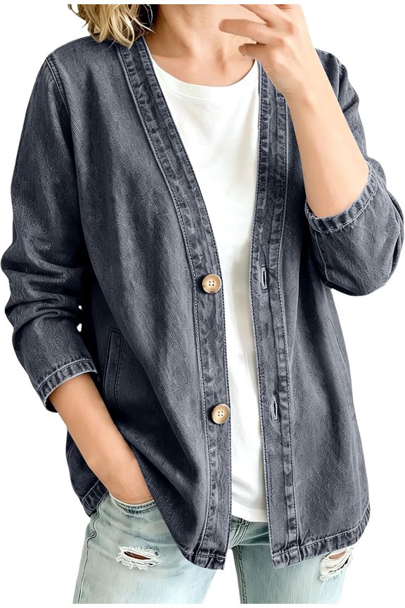 Womens Classic Button Front Breathable Stretch Denim Jacket Relaxed Fit Lightweight Casual Long Sleeve Cardigan Coat
