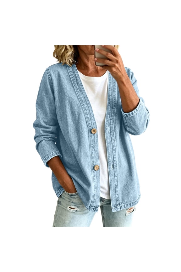Womens Classic Button Front Breathable Stretch Denim Jacket Relaxed Fit Lightweight Casual Long Sleeve Cardigan Coat