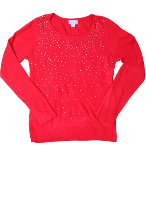 Womens Classic Cherry Red Knit Bedazzled Sweater Casual Dress Holiday Medium
