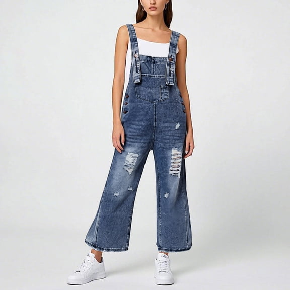 Womens Classic Denim Jumpsuit Loose Fit Straight Leg Adjustable Strap Suspender Suit Casual Ripped Jeans Lace Overlay Bodysuit Women Dressy Bodysuit for Women Long Body Suits for Women Pants for Women
