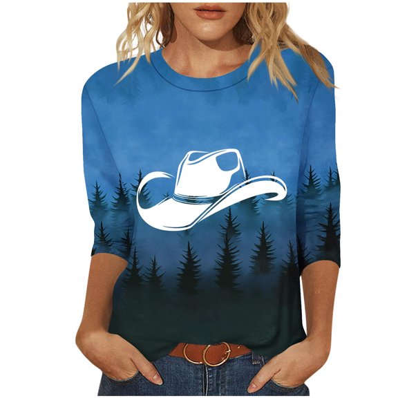 Womens Classic Fit Tshirts Western Cowboy Graphic 3/4 Length Sleeve Shirt Trendy Crewneck Tunic Top