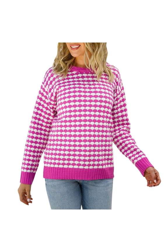 Womens Classic Houndstooth Sweaters Soft Touch Long Sleeve Pullover Crewneck Sweater Jumper Tops