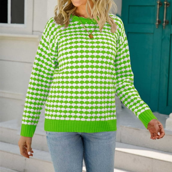 Womens Classic Houndstooth Sweaters Soft Touch Long Sleeve Pullover Crewneck Sweater Jumper Tops