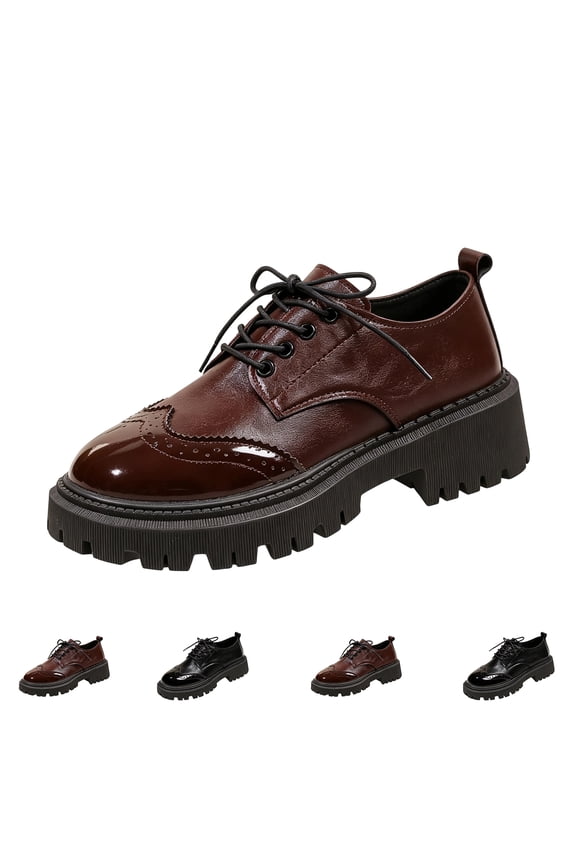 Womens Classic Lace Up Brogue Oxford Footwear Wingtip Carved Pattern Chunky Lug Sole Outdoor Casual Uniform Shoes